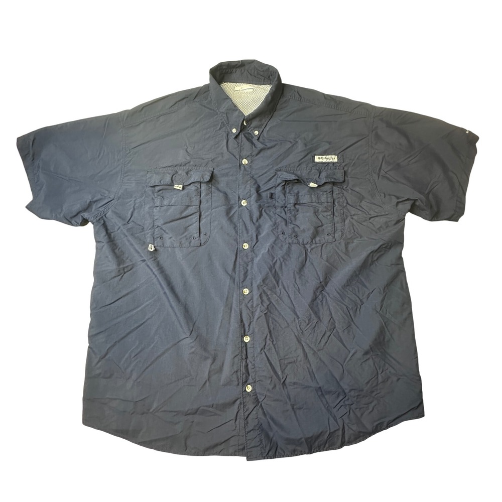 Columbia Fishing Shirt Mens XXL Navy PFG Bahama II Short Sleeve Omni-Shade Vent